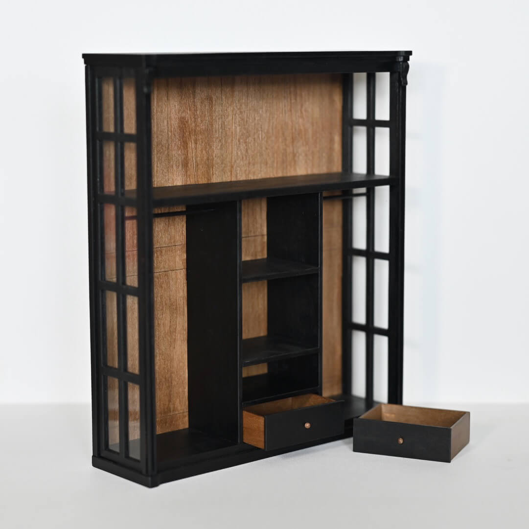 Store away your belongings with this cleverly designed unit. With a hanging rail and plenty of storage shelves, we are certain this will help declutter and organise your dollhouse. Default Color/ Finish: Black and Brown Style: Shabby Chic Material: Wood Scale: 1/6 (25×7×29.1cm / 9.84×2.76×11.46in)