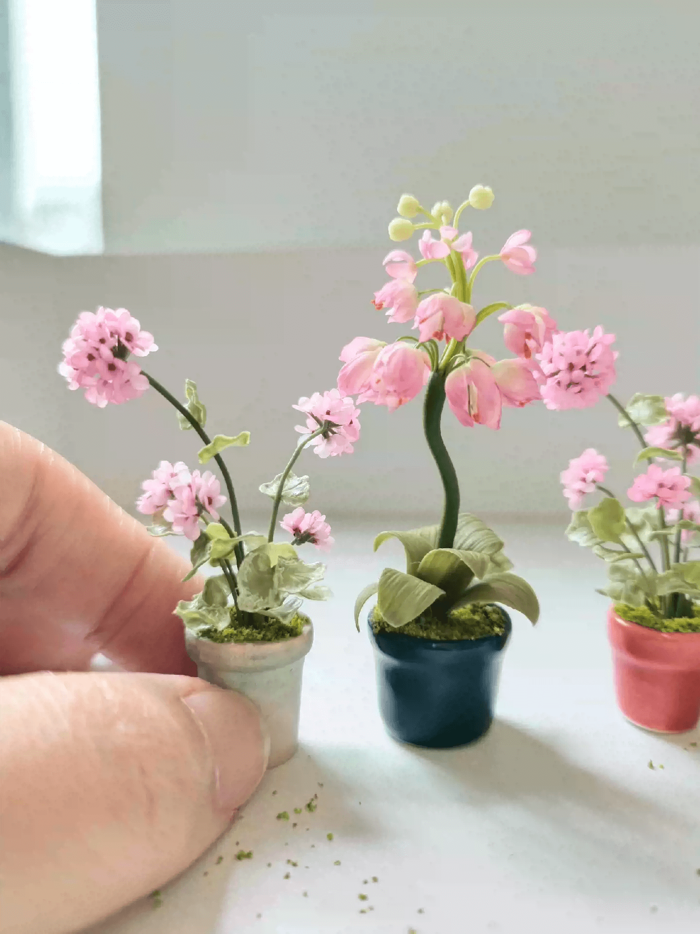 Pelargonium (aka common geraniums) are colorful summer-flowering plants that are popular for hanging baskets, pots, and also garden beds.  Material: Handmade from Clay