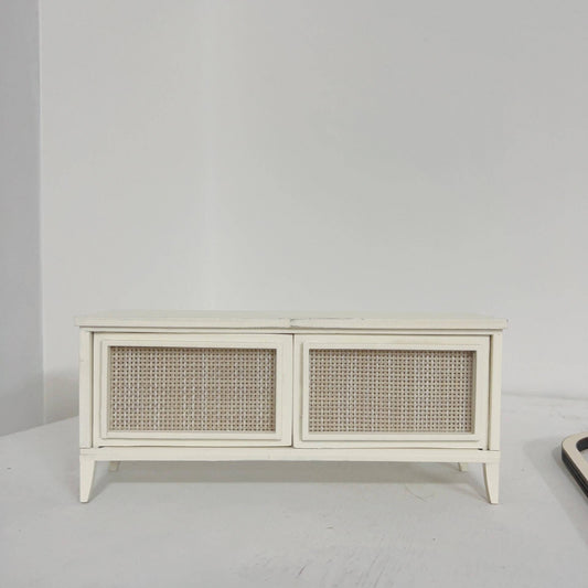 Inspired by vintage French styling, Dollhouse Miniature Rattan Solid Wood TV Cabinet is elegantly crafted to provide a perfect statement piece for any dollhouse. Hand finished in an aged painted colourway to give an authentic feel. Dollhouse Miniature Furniture for 1/6 scale dolls 11 - 12 inch (25-32 cm) height.