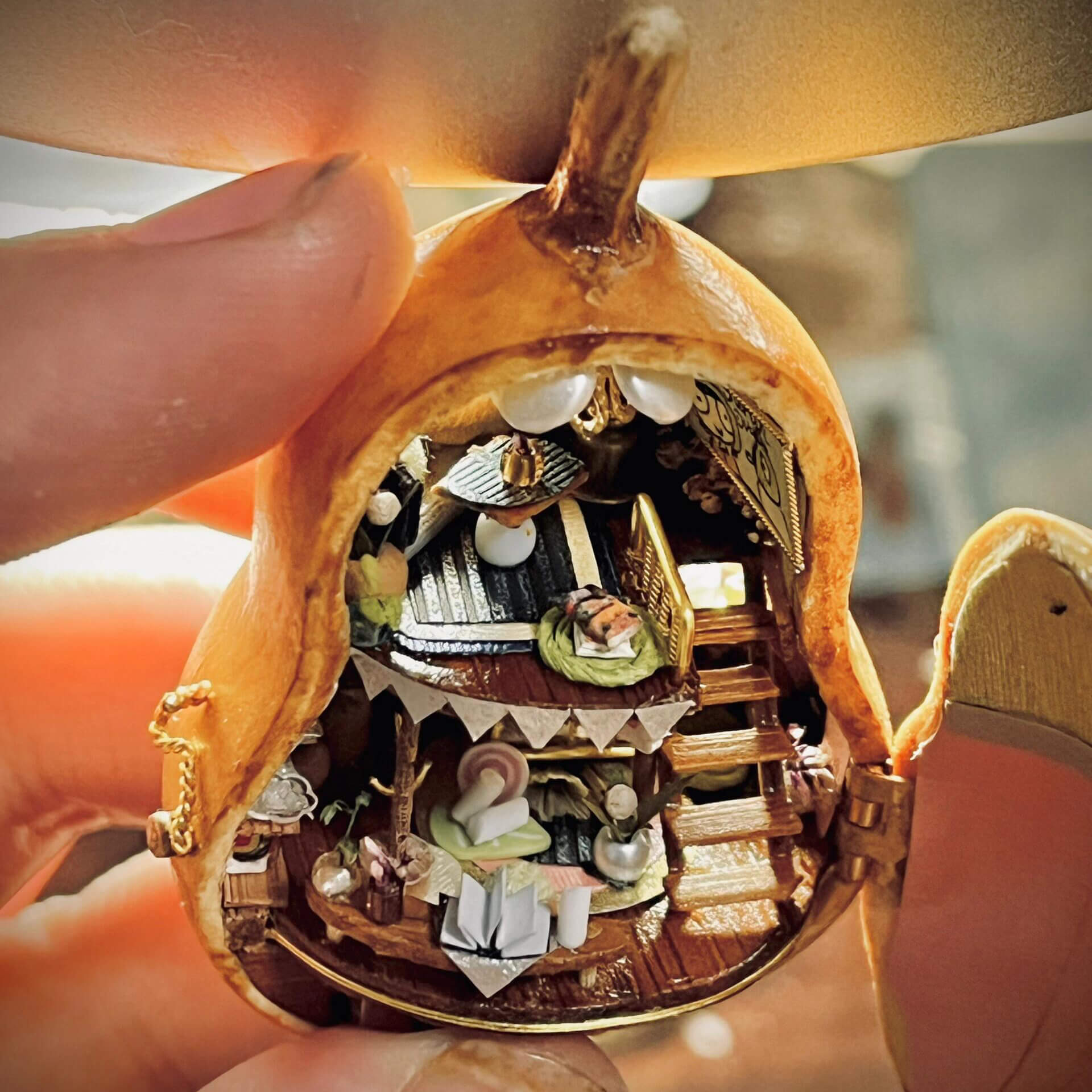 This intricate diorama captures a magical miniature home inside a gourd. The multi-level design showcases a cozy bedroom, a charming dining setup, and whimsical decorations. Adorned with delicate bunting, flowers, books, and candles, every detail exudes warmth and creativity. This enchanting craft is a tiny masterpiece that feels alive with stories waiting to unfold.