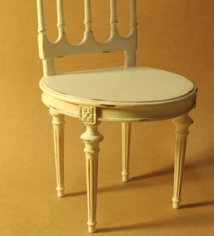 Vintage Shabby Chic style carved and white painted dollhouse chairs of very elegant proportions, the backs made with finely turned and circular pilasters. Color/ Finish: White Styles: Vintage Shabby Chic Type: Back Chair Scale: 1/6 Miniature Furniture for all dollhouse, roombox, bedroom, kitchen, dining room.