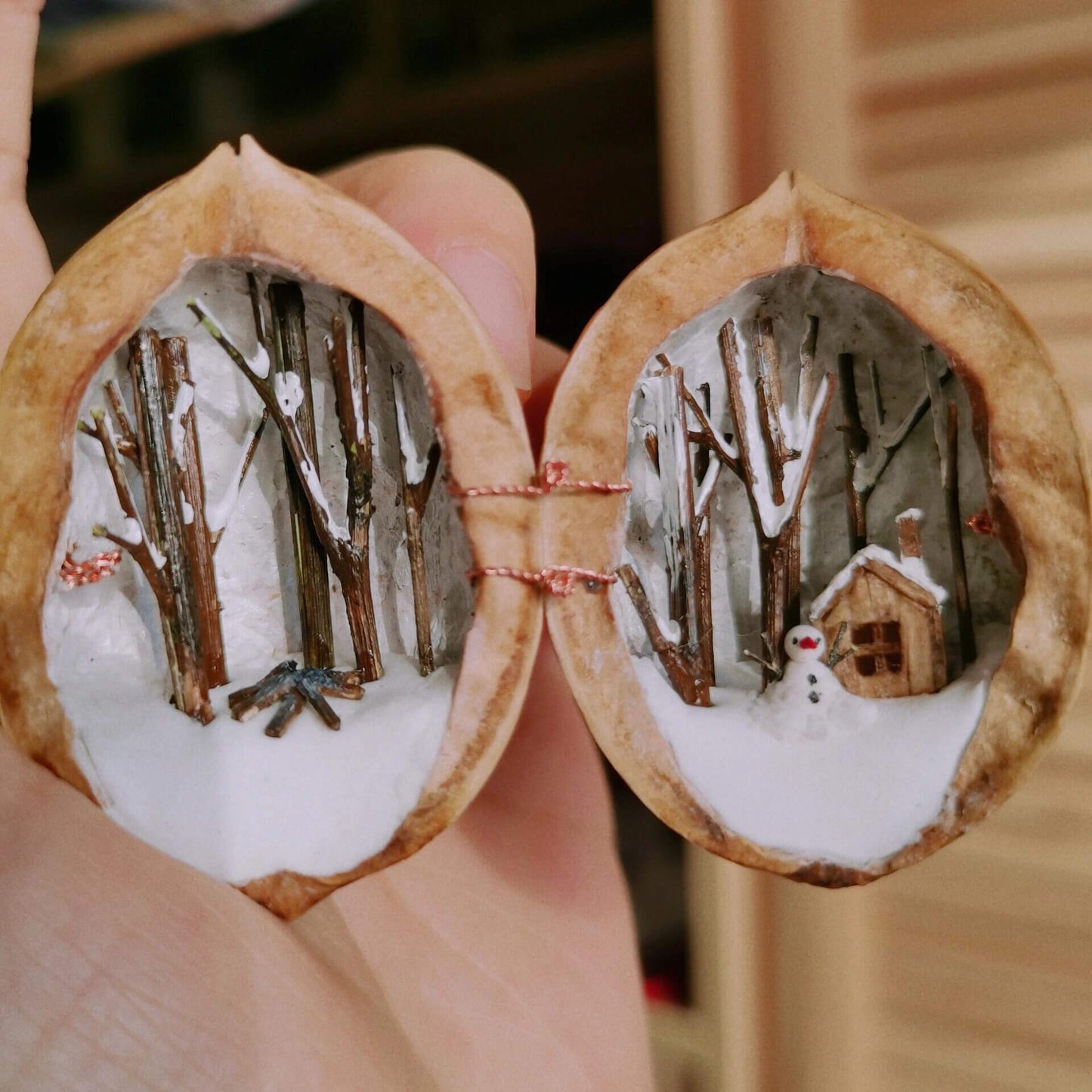 Miniature Winter Solstice Forest Scene in Walnut Shell Tiny Craft World