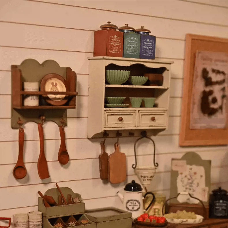 Use the Miniature Dollhouse Wall Hanging Shelves for your nicest home accessories or use them in the dollhouse kitchen to store your kitchen utensils. Psstt... little tip; use them as a spice rack. It looks nice and you can store all your kitchen stuff! There is a wall shelves for every dollhouse house.