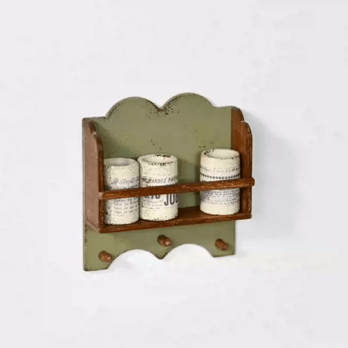 Our Wall Shelves offer a simple, useful and beautiful way to store and show off your belongings. Perfect for dollhouse bedrooms, kitchens and entryways. Default Color/ Finish: Green and Brown Style: Shabby Chic Material: Wood Scale: 1/6 (5.6×1.7×6cm / 2.21×0.67×2.36in)